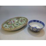 A Chinese Famile Rose Oval bowl and a small Chinese blue and white bowl