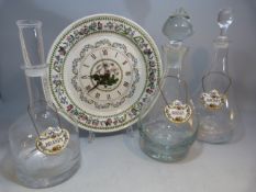 Three Decanters with Coalport ceramic decanter labels and a Portmeirion wall clock