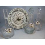 Three Decanters with Coalport ceramic decanter labels and a Portmeirion wall clock