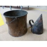 Early copper brass snuff with loop handle of large form and a small handled copper cooking pot.