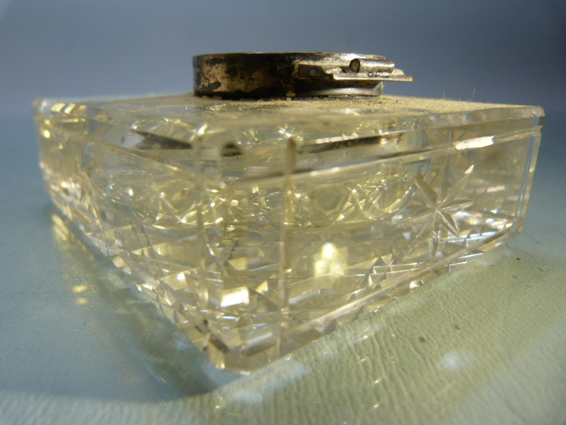 Unusual glass inkwell of cube form, (pen groove to top) the lid pictured of a hunting scene and to - Image 3 of 14