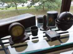 Large collection of Bakelite items to include pots and a miniature table clock