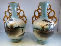 A pair of 19th c painted vases depicting countryside scenes and marked to base with a Crown & Lion