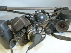 Selection of vintage cameras to include olympus, tripod and various lenses