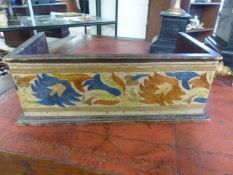 Unusual stained pine bookstand - poss from a church. Applied hand stitched band of Acanthus leaves