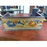 Unusual stained pine bookstand - poss from a church. Applied hand stitched band of Acanthus leaves