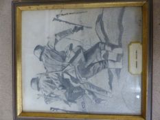 Pencil drawing of German soldiers by M Wright in the battlefield.