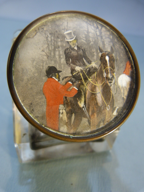 Unusual glass inkwell of cube form, (pen groove to top) the lid pictured of a hunting scene and to - Image 11 of 14