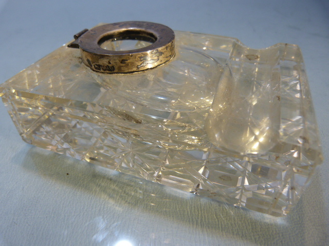 Unusual glass inkwell of cube form, (pen groove to top) the lid pictured of a hunting scene and to - Image 6 of 14