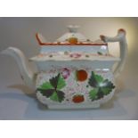 Strawberry Creamware/Pearl Ware c.1800s tea pot and cover with floral knop to cover. The square form