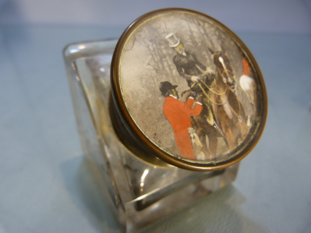Unusual glass inkwell of cube form, (pen groove to top) the lid pictured of a hunting scene and to - Image 8 of 14