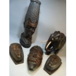 Small collection of African figures to incl masks and an elephant