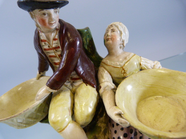 Staffordshire Pearlware sweet meat dish of a man and a lady sitting upon a tree holding baskets - Image 3 of 15