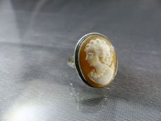 Silver (800) Cameo ring of a ladies face, facing to her right. Measuring approx 20.75mm x 16.15mm