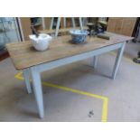 Long antique pine table with painted legs