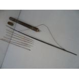 Hardwood carved (poss Indonesian - Java) bow along with a bamboo quiver containing various arrows
