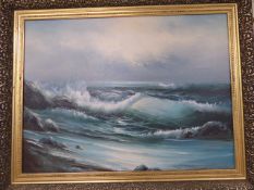 Large oil painting of a seascape scene