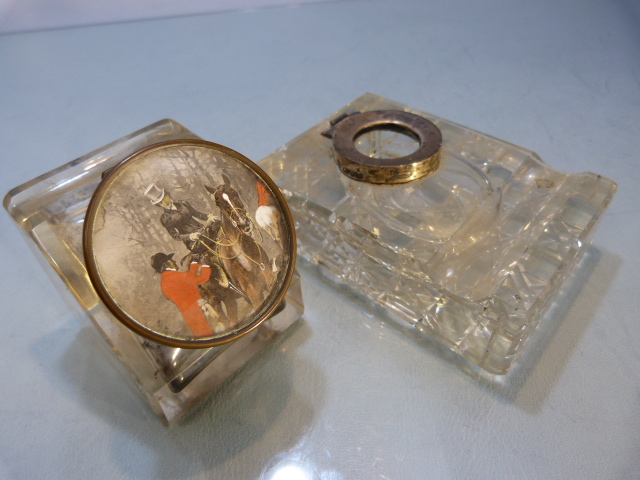 Unusual glass inkwell of cube form, (pen groove to top) the lid pictured of a hunting scene and to