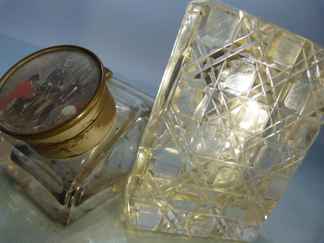 Unusual glass inkwell of cube form, (pen groove to top) the lid pictured of a hunting scene and to - Image 14 of 14