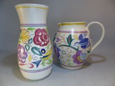 POOLE POTTERY - Oversized jug with loop handle and a similar Vase decorated with birds and floral