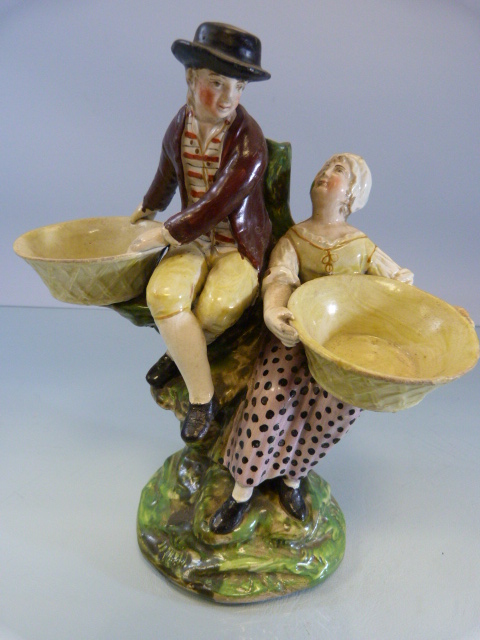 Staffordshire Pearlware sweet meat dish of a man and a lady sitting upon a tree holding baskets - Image 2 of 15