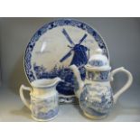 Large Blue and white Delft charger along with a Delft coffee pot and a Furnival's Quail jug.