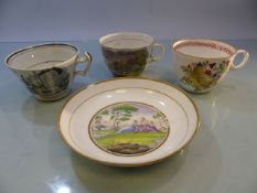 Three Early Porcelain Teacups. 1) Staffordshire - decorated in bright colours depicting shells and