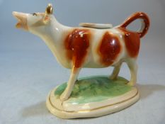 Early 19th century Staffordshire creamware cow creamer. Red painted cow with gilded horns on a green