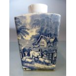 Staffordshire Creamware blue and white tea caddy - decorated with transfer scenes of cattle and