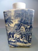 Staffordshire Creamware blue and white tea caddy - decorated with transfer scenes of cattle and