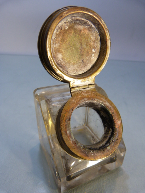 Unusual glass inkwell of cube form, (pen groove to top) the lid pictured of a hunting scene and to - Image 12 of 14