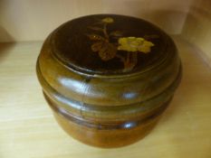 Inlaid oak tobacco jar with inner box.