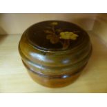 Inlaid oak tobacco jar with inner box.