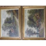 Two large oils of countryside scenes in large Gilt frames - unsigned