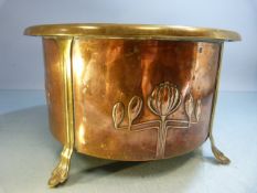 Unusual copper and brass Art nouveau repousse plant holder along with a heavy brass and hammered