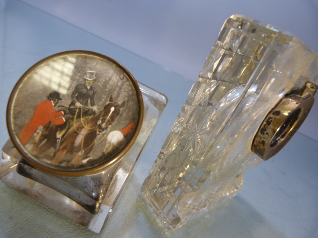 Unusual glass inkwell of cube form, (pen groove to top) the lid pictured of a hunting scene and to - Image 13 of 14