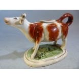 Early 19th century Staffordshire creamware cow creamer. Red painted cow with gilded horns on a green