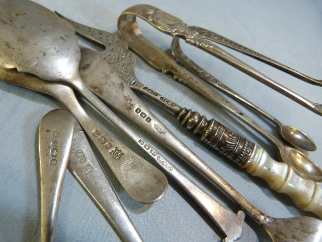 Collection of Silver items to include spoons, sugar tongs etc various hallmarks and ages. (total - Image 3 of 5