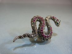 Silver and Marcasite and Ruby Brooch in the form of a snake