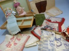 Selection of Comical Childrens Victorian Handkerchiefs, Needlepoint beaded purse and three dolls.