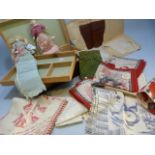 Selection of Comical Childrens Victorian Handkerchiefs, Needlepoint beaded purse and three dolls.