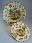 Two Staffordshire similar prattware plates with Scalloped rims. Both depicting farmhouses to