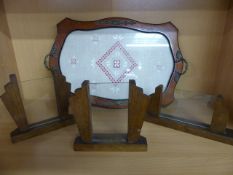 Three Art deco oak photo frames and a tray