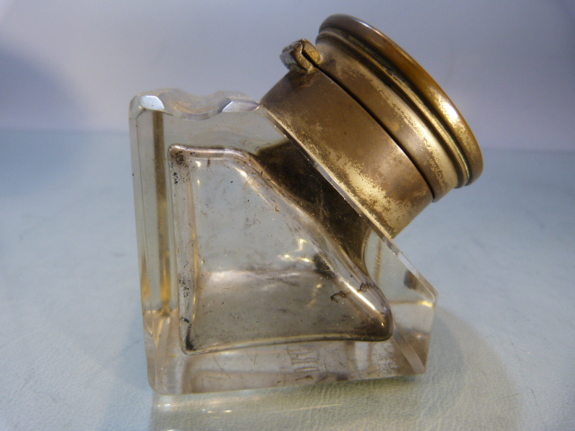 Unusual glass inkwell of cube form, (pen groove to top) the lid pictured of a hunting scene and to - Image 9 of 14