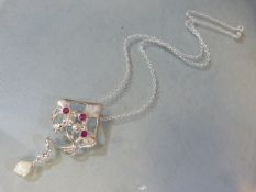 Silver Opal and Ruby pendant Necklace of floral design