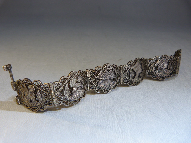 Egyptian filigree unmarked silver panelled bracelet.