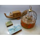 Music Boxes - Mid Century birds case with swinging bird when small drawer opens, Ship in the