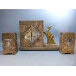 'Japy Freres 'Art Deco mantle clock with Garniture. Brass coloured deer to side with damage to one