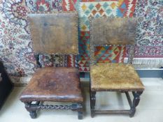 Early oak chairs. One on barley twist frame with cow hide studded seat and backrest, the other