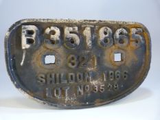Original railway carriage plaque with original paint and wear reads "B351865 32T SHILDON 1966 Lot No